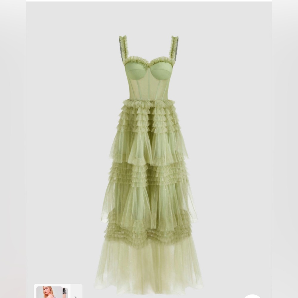 NEW GREEN WOVEN CORSET LAYERED TULLE RUFFLE MAXI DRESS